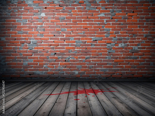 A rustic brick wall with wooden flooring  showcasing a textured and vintage interior design.