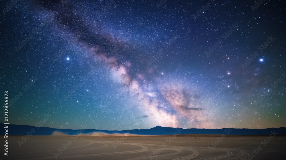 A stunning view of the Milky Way galaxy shining brightly in a clear night sky over a desolate landscape, evoking a sense of wonder and vastness. A stunning view of the Milky Way galaxy shining brightly in a clear night sky over a desolate landscape, evoking a sense of wonder and vastness.