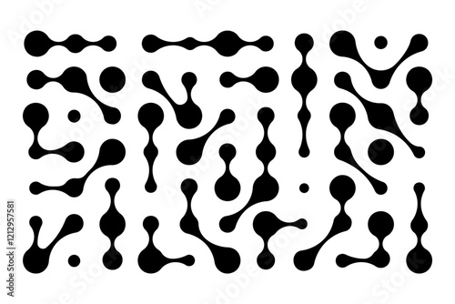 Metaballs pattern. Connected points, liquid dots or amorphous shapes background. Organic blobs, biological cells or molecular elements isolated on white background. Vector graphic illustration.