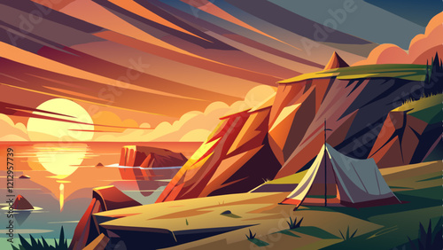 Tent on a cliffside overlooking the ocean, sunset casting golden light over the scene, Realism, Warm colors, Wide-angle, Serene and breathtaking ,closes