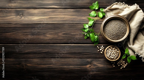 Seeds and Greens on Rustic Wooden Background photo