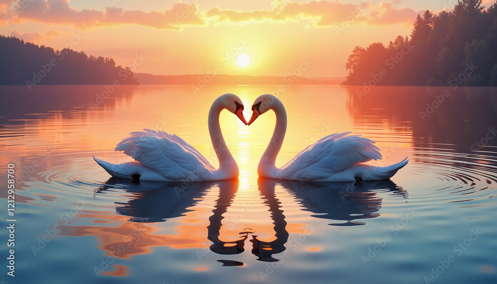 Fototapeta premium Two Swans Forming a Heart Shape at Sunset on a Peaceful Lake