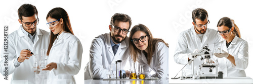 A Set of Dedicated Scientists Conducting Experiments in a High-Tech Lab Isolated on transparent Background