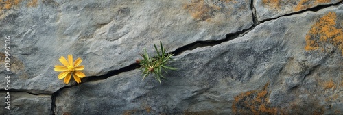 Single Wildflower Emerging from Cracks in Stone Surface photo