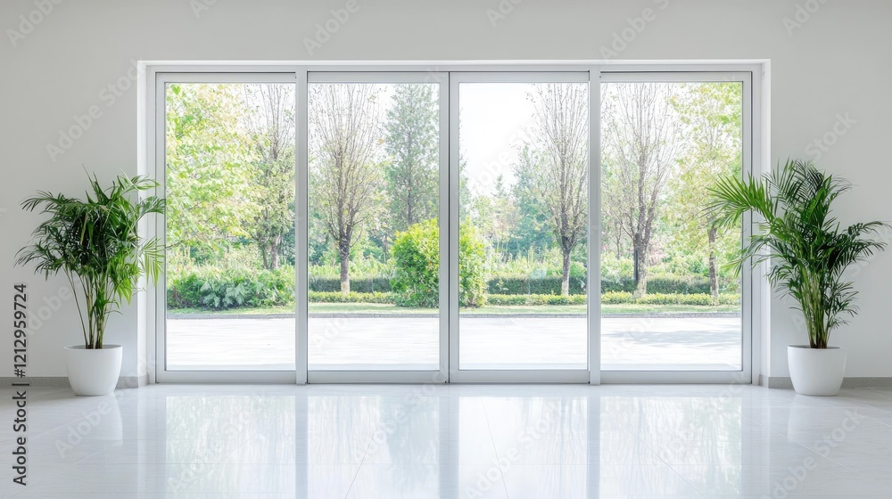 Fototapeta premium Modern room, large sliding glass doors, garden view, bright sunlight, interior design