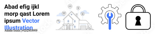 Modern house interconnected with various smart devices, central gear with wrench indicating setup, lock symbol representing security. Ideal for smart home technology, cybersecurity, home automation