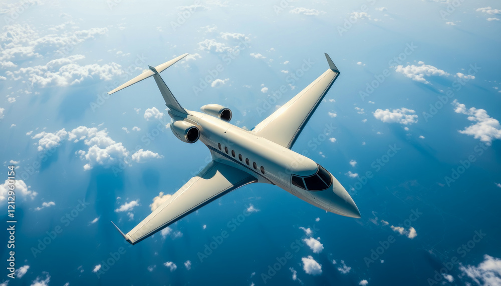 Naklejka premium An airplane in the air, A luxurious white airplane gracefully soars in a clear sunny sky against a breathtaking aerial landscape, 
