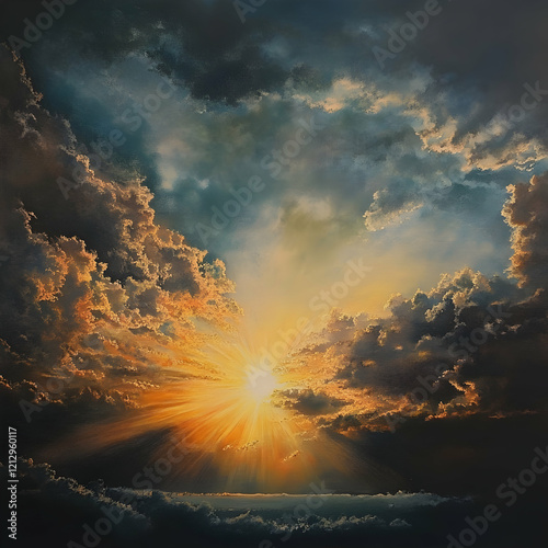 A radiant sunrise breaking through dark clouds with copy space Conveying hope and renewal