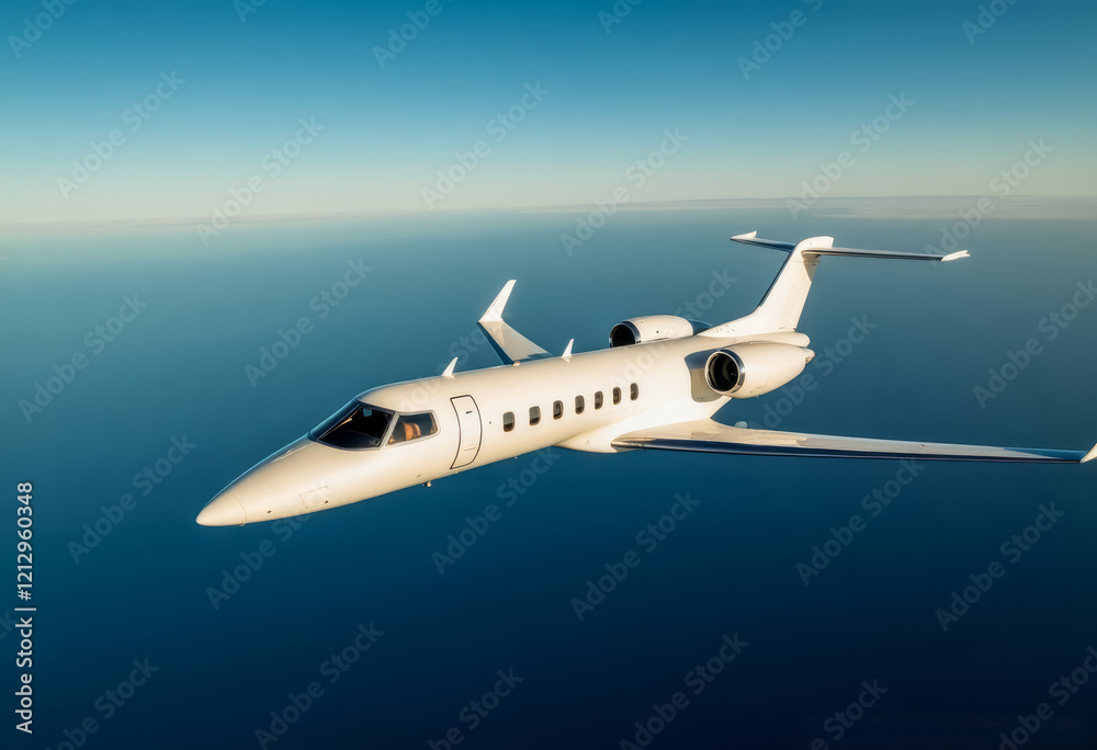 An airplane in the air, A luxurious white airplane gracefully soars in a clear sunny sky against a breathtaking aerial landscape, 
