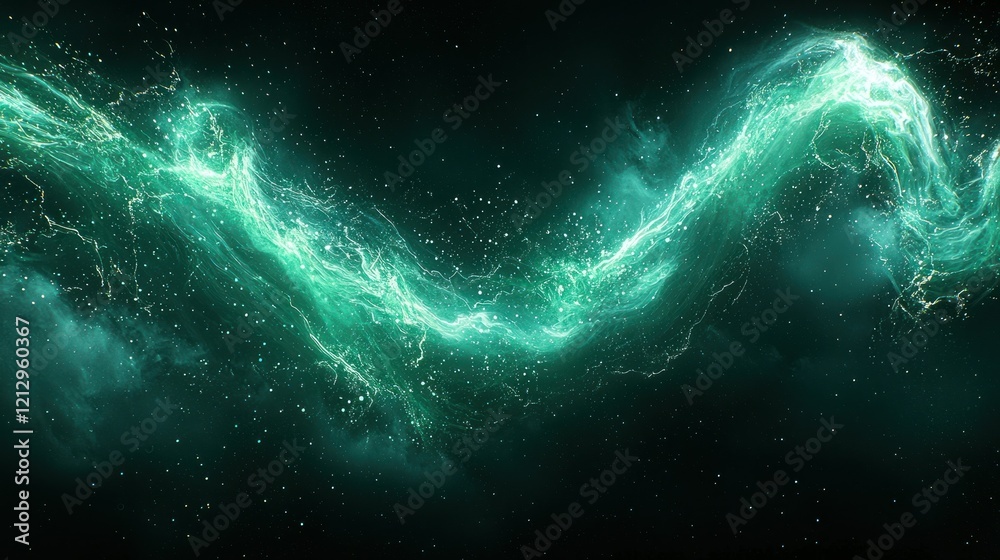 Glowing energy wave in dark space with sparkling particles. Glowing energy wave in dark space with sparkling particles.