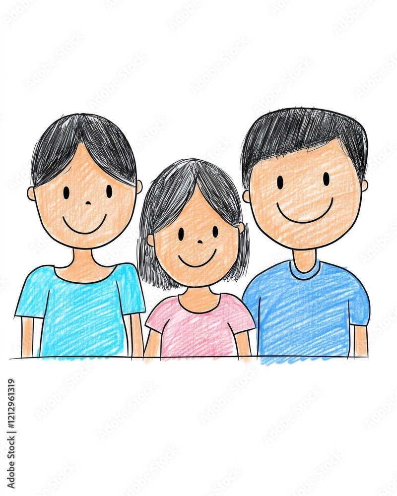 Hand drawn illustration of a happy family, smiling and posing together, ideal for family, children, and parenting themes Hand drawn illustration of a happy family, smiling and posing together, ideal for family, children, and parenting themes