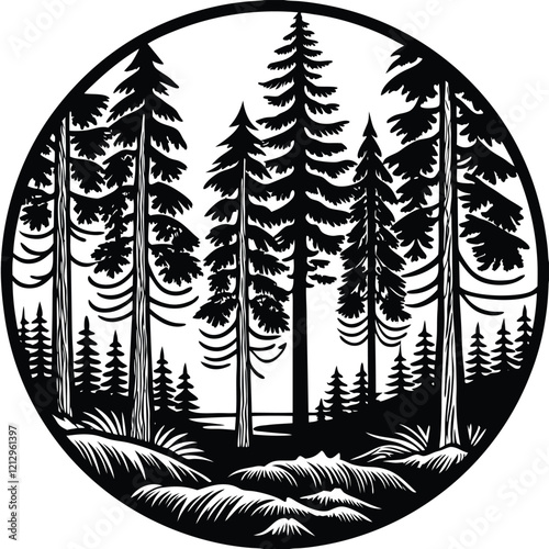 Pine Forest Linocut Landscape Adobe Illustrator Artwork
