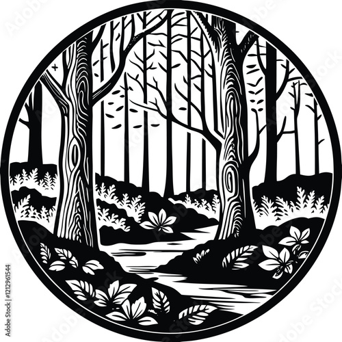 Woodland Scene Linocut Design Adobe Illustrator Artwork