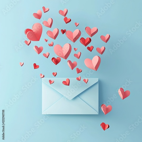 Pink Hearts Falling into a Light Blue Envelope - Valentine's Day Vector Illustration