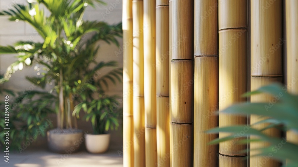 Relaxed Tropical Vibe with Vertical Bamboo Slats, Indoor Space, Photo, Modern Environment, Close-Up, Sustainable Material Relaxed Tropical Vibe with Vertical Bamboo Slats, Indoor Space, Photo, Modern Environment, Close-Up, Sustainable Material