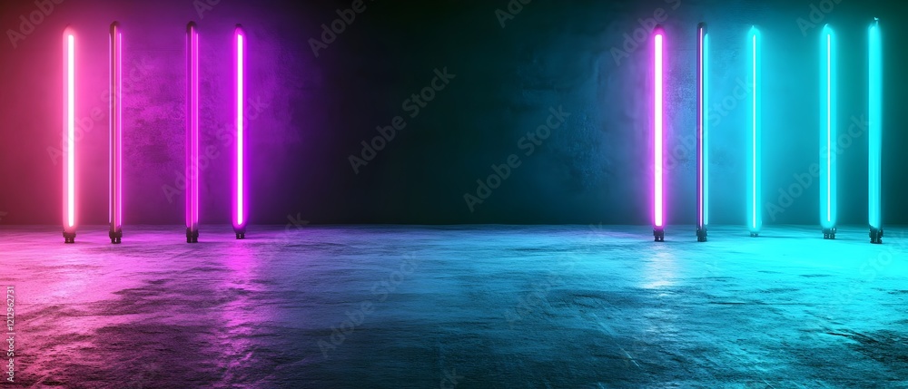 Futuristic neon room with glowing pink, blue, and teal lights Futuristic neon room with glowing pink, blue, and teal lights