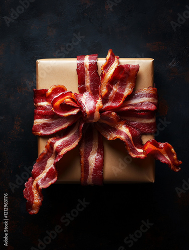 Wallpaper Mural a wrapped gift box with a unique bow crafted entirely from crispy bacon strips. A concept of a perfect gift for a meat lover. Torontodigital.ca