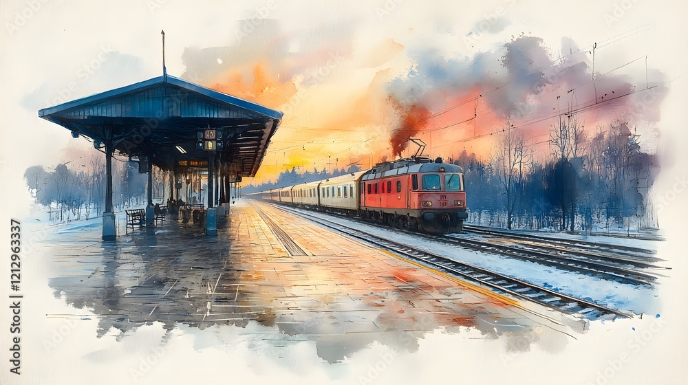 A vibrant watercolor illustration of a train station during sunset, capturing the warm hues of the evening sky reflecting off the wet platform. A vibrant watercolor illustration of a train station during sunset, capturing the warm hues of the evening sky reflecting off the wet platform.