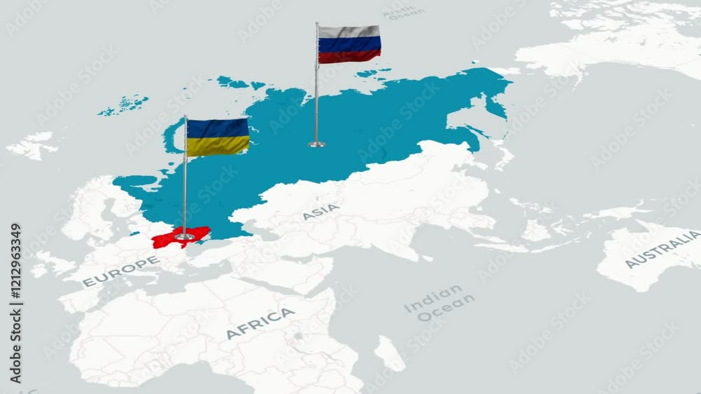 The flags of russia and  ukraine are flying over their respective maps. russia and  ukrean map and flag.