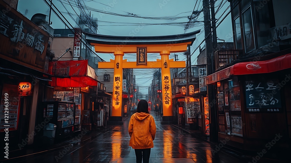 Woman Walking Through Rainy Japanese Street With Torii Gate Woman Walking Through Rainy Japanese Street With Torii Gate