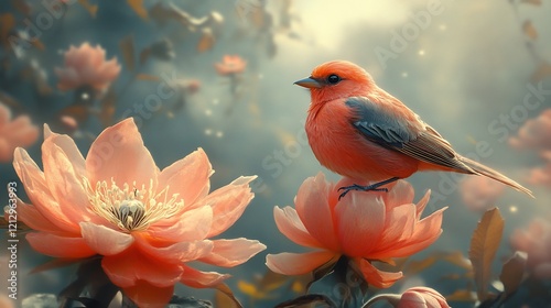 Serene Bird on Peach Blossom: A Digital Painting of Tranquility
