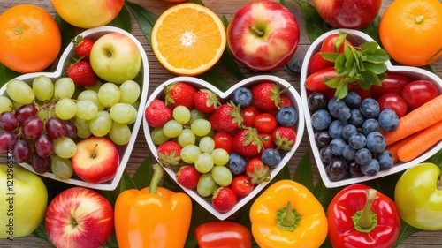 Wallpaper Mural A vibrant arrangement of assorted fresh fruits and vegetables in heart-shaped bowls, symbolizing love for healthy eating. Torontodigital.ca