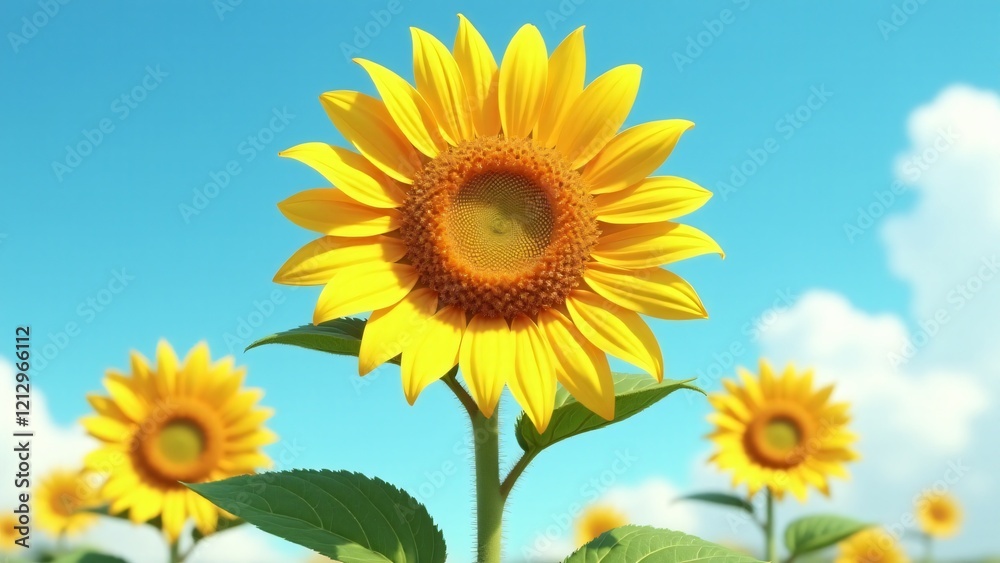 A radiant sunflower in golden bloom under a vibrant blue sky. Its bold petals and intricate seed patterns evoke warmth, joy, and the vibrant energy of a sunny summer day. A radiant sunflower in golden bloom under a vibrant blue sky. Its bold petals and intricate seed patterns evoke warmth, joy, and the vibrant energy of a sunny summer day.