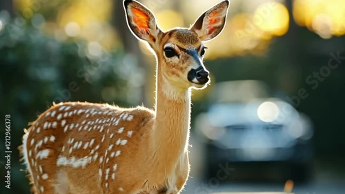 Beautiful fawn stands gracefully in a serene setting during the golden hour light