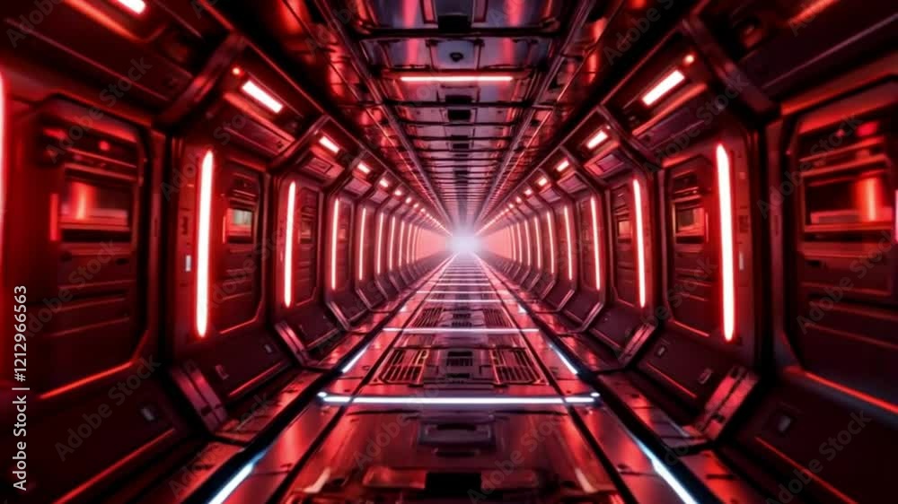 Abstract red-lit sci-fi corridor with intricate geometric details and a futuristic design aesthetic.