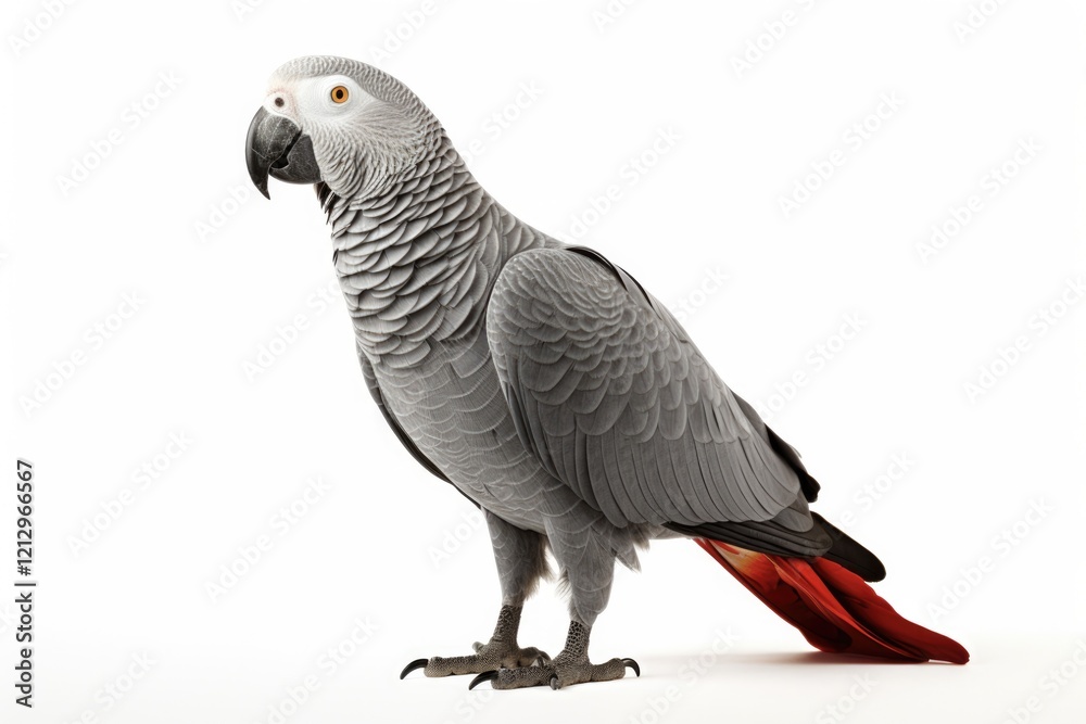 Obraz premium African Grey Parrot on White Background: Close-up Studio Shot of Grey Feathered Bird with Red Beak