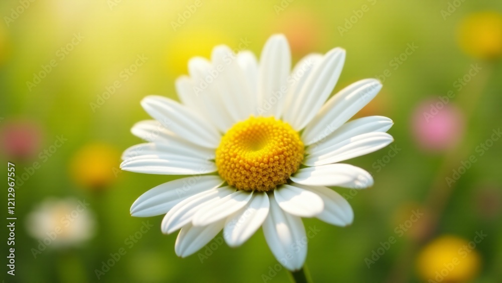 Fototapeta premium A pristine white daisy with a vibrant yellow center, radiating purity and simplicity. Surrounded by lush greenery, it glows under the soft sunlight of a peaceful meadow.