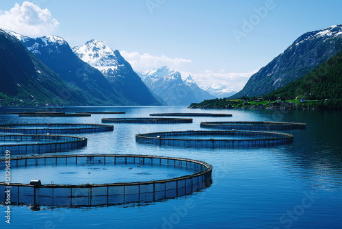 State-of-the-art salmon aquaculture facility in Norway nestled between mountains and fjords