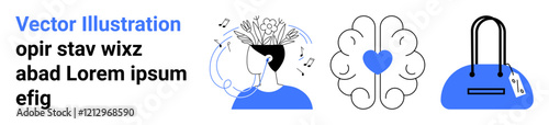 Person with musically inclined mind, heart present in a brain illustration, and a handbag with a tag. Ideal for mental health, love, emotional well-being, creativity, fashion, marketing and consumer