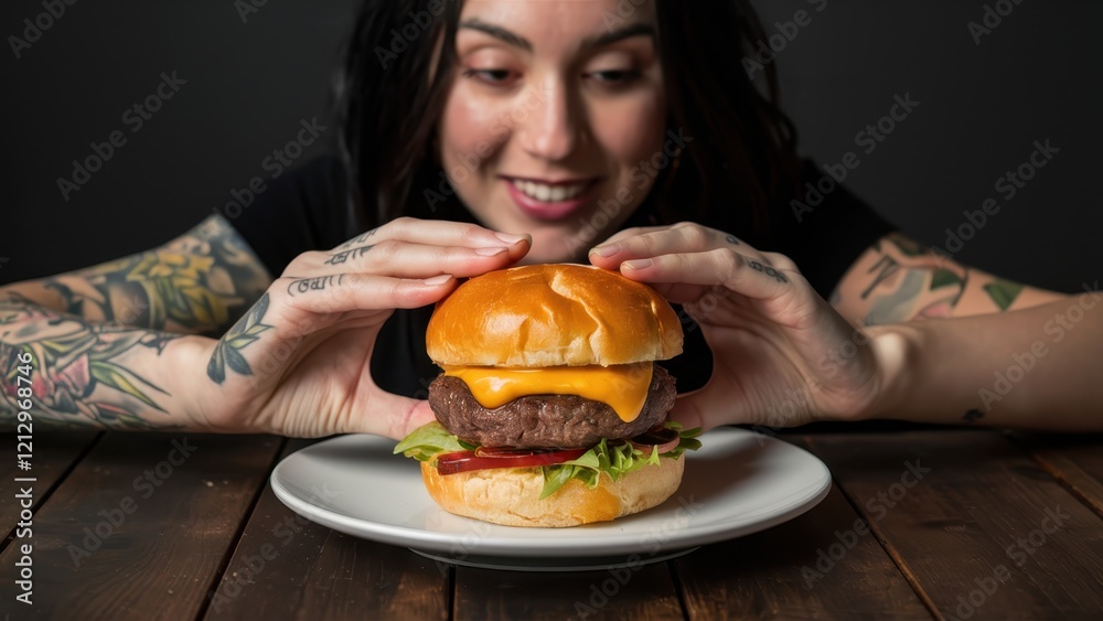 Vibrant portrait, woman with purple bangs, tattoos on arms, biting into large juicy cheeseburger, bokeh lights in background, dramatic lighting, close-up shot, wooden table, realistic details, food ph Vibrant portrait, woman with purple bangs, tattoos on arms, biting into large juicy cheeseburger, bokeh lights in background, dramatic lighting, close-up shot, wooden table, realistic details, food ph