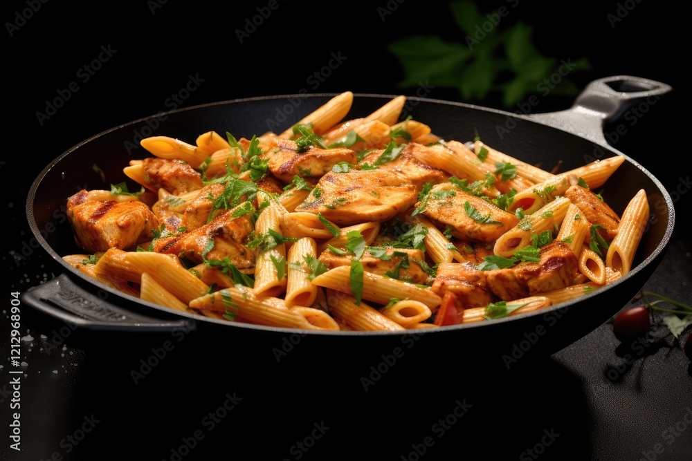 Italian chicken penne pasta with tomatoes parsley and black background Italian chicken penne pasta with tomatoes parsley and black background