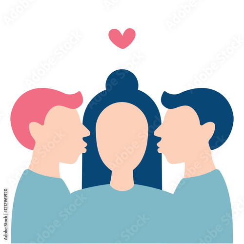 Two guys kissing a girl on cheeks vector illustration, romantic relationships concept