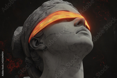 Black-and-white statues with glowing red light effects across the eyes, blending futuristic and abstract art concepts with striking contrasts
