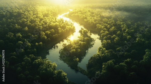 An artistic view of a river winding through a dense forest, reflecting sunlight
