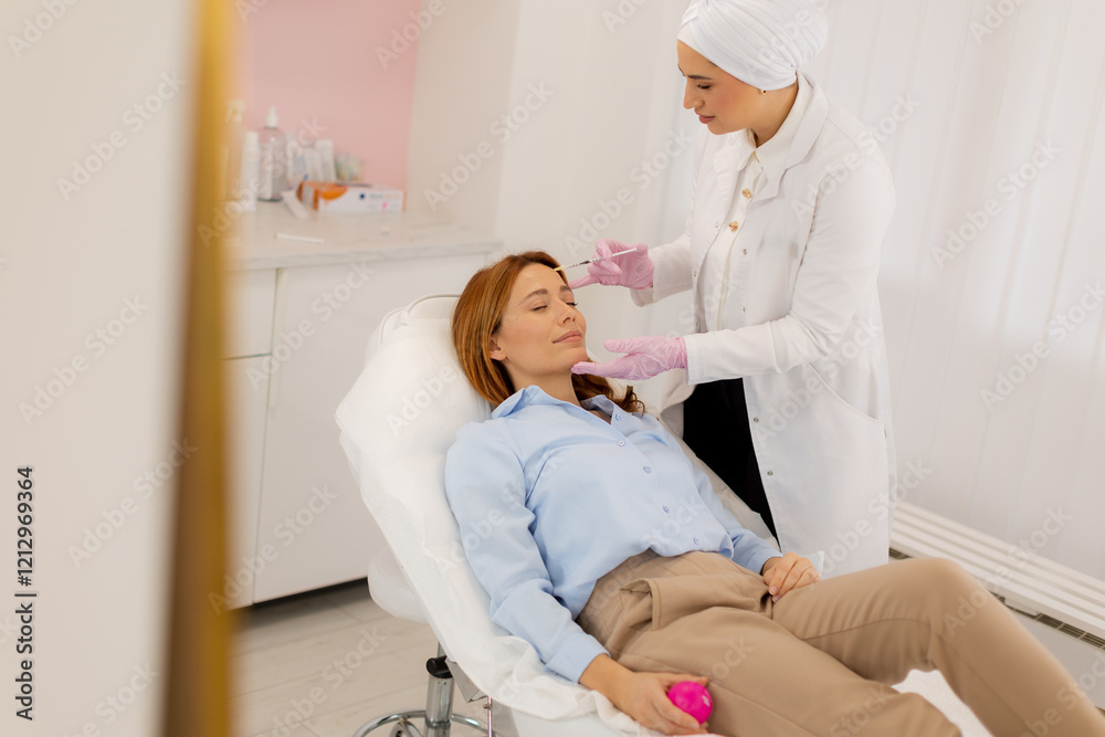 Obraz premium Revitalizing facial rejuvenation therapy session with dermal filler application at a serene clinic