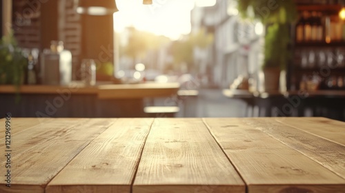 Rustic Wooden Table in a Vibrant Cafe Setting