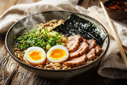 Rustic ramen served with soft-boiled egg, sliced pork, and scallions on a wooden table in bright natural light photo