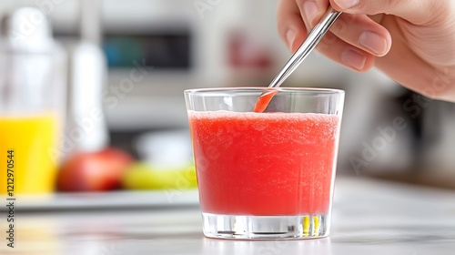 A hand stirs a glass of vibrant red juice photo