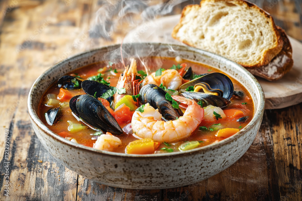Enjoying a vibrant seafood soup with fresh prawns, mussels, and clams served with crusty bread on a rustic wooden table Enjoying a vibrant seafood soup with fresh prawns, mussels, and clams served with crusty bread on a rustic wooden table