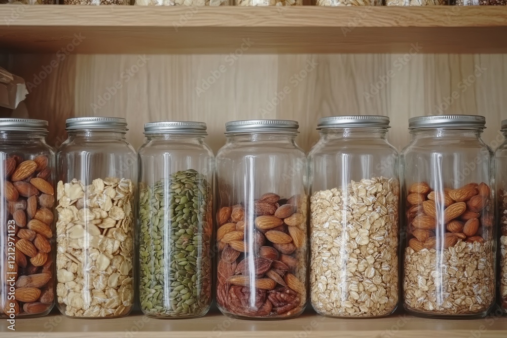 Healthy shelf showcasing nuts, seeds, and cereals for nutritious snacking and cooking Healthy shelf showcasing nuts, seeds, and cereals for nutritious snacking and cooking