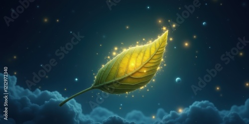 A magical leaf illuminated with soft, glowing lights floats above clouds, evoking a sense of wonder and creativity. Perfect for eco-friendly themes and dreamy designs. photo