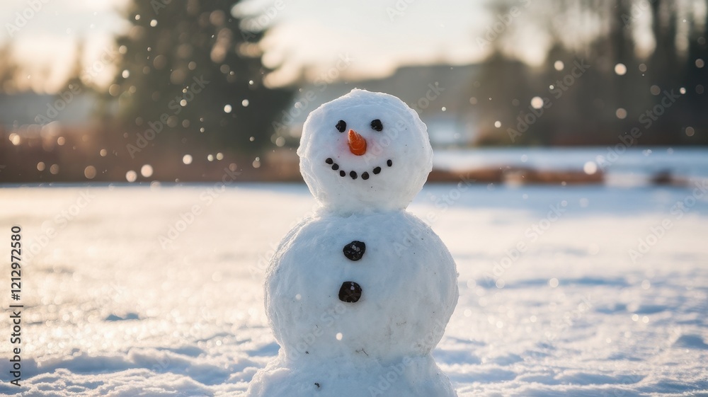 A cheerful snowman stands in a snowy landscape, with a bright orange carrot nose and black buttons, amidst falling snowflakes during a winter day. A cheerful snowman stands in a snowy landscape, with a bright orange carrot nose and black buttons, amidst falling snowflakes during a winter day.