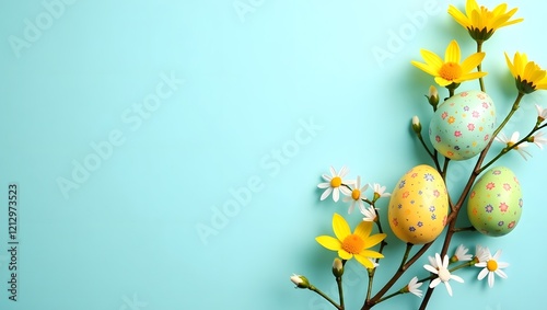 Colorful decorated easter eggs with spring flowers on blue background, copy space