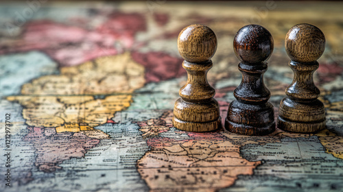 Artistic depictions of geopolitical themes with maps, chess pieces, and globes, symbolizing alliances, power struggles, and global strategies for political and creative concepts photo