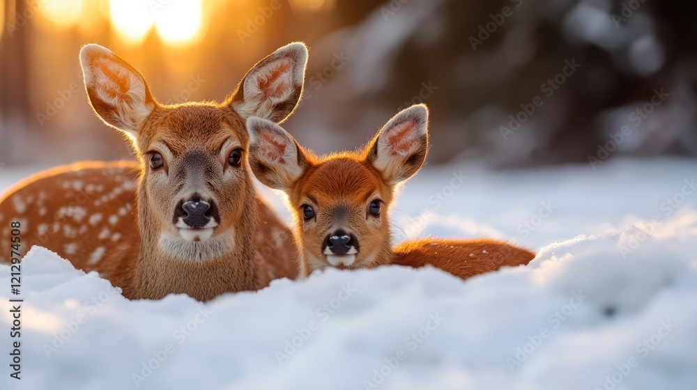 This beautiful image captures the tender moment between a mother deer and her fawn resting in the snow, showcasing their nurturing relationship against a winter backdrop. This beautiful image captures the tender moment between a mother deer and her fawn resting in the snow, showcasing their nurturing relationship against a winter backdrop.
