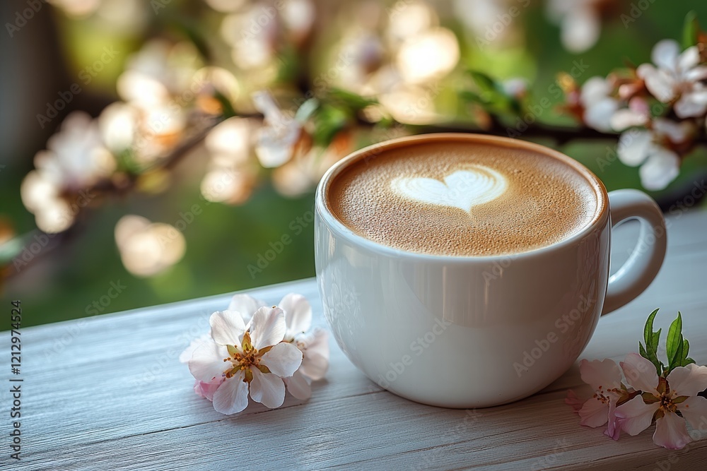 Enjoying coffee with heart-shaped foam on a balcony surrounded by blossoms Enjoying coffee with heart-shaped foam on a balcony surrounded by blossoms